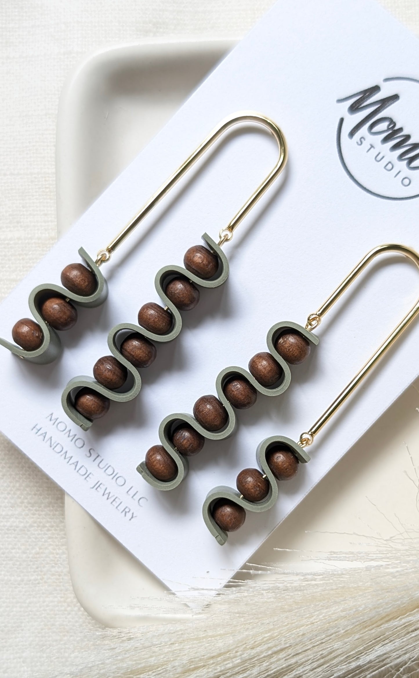 DANGLES - Ribbon Collection + Wooden Beads - Sage